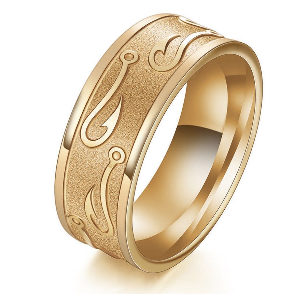Men's Fishing Ring / Fisherman's Wedding Band 8mm. Gold Tone Titanium Fish Hooks